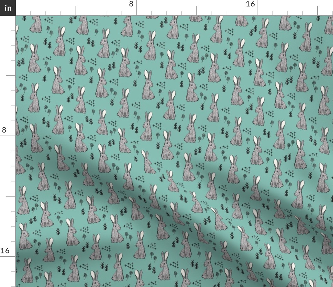 spring rabbit floral nursery fabric - sweet spring floral fabric, bunny rabbit fabric, cute animals fabric - teal