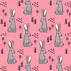 spring rabbit floral nursery fabric - sweet spring floral fabric, bunny rabbit fabric, cute animals fabric - pink