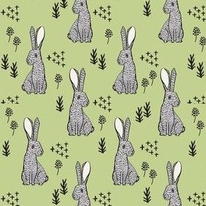 spring rabbit floral nursery fabric - sweet spring floral fabric, bunny rabbit fabric, cute animals fabric - light green