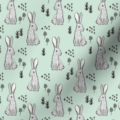 spring rabbit floral nursery fabric - sweet spring floral fabric, bunny rabbit fabric, cute animals fabric - mint