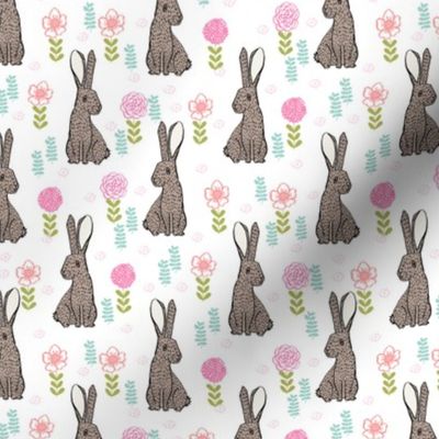 spring rabbit floral nursery fabric - sweet spring floral fabric, bunny rabbit fabric, cute animals fabric - white florals