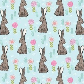 spring rabbit floral nursery fabric - sweet spring floral fabric, bunny rabbit fabric, cute animals fabric - pastel blue