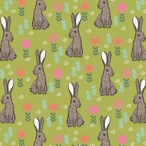 spring rabbit floral nursery fabric - sweet spring floral fabric, bunny rabbit fabric, cute animals fabric - lime green
