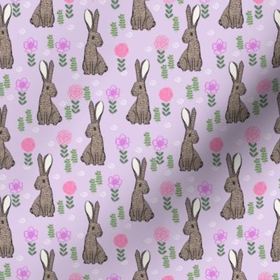 spring rabbit floral nursery fabric - sweet spring floral fabric, bunny rabbit fabric, cute animals fabric - purple