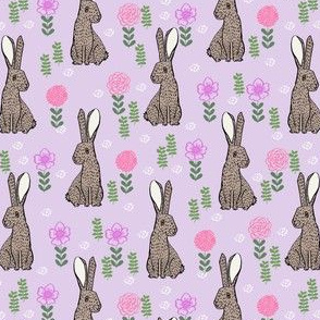 spring rabbit floral nursery fabric - sweet spring floral fabric, bunny rabbit fabric, cute animals fabric - purple