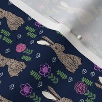 spring rabbit floral nursery fabric - sweet spring floral fabric, bunny rabbit fabric, cute animals fabric - navy blue