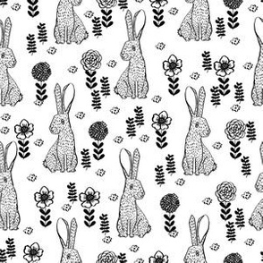 spring rabbit floral nursery fabric - sweet spring floral fabric, bunny rabbit fabric, cute animals fabric -  bw