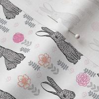 spring rabbit floral nursery fabric - sweet spring floral fabric, bunny rabbit fabric, cute animals fabric - white