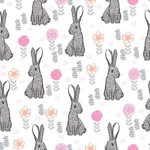 spring rabbit floral nursery fabric - sweet spring floral fabric, bunny rabbit fabric, cute animals fabric - white