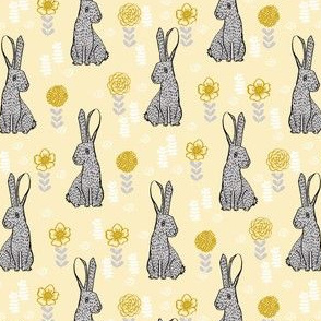 spring rabbit floral nursery fabric - sweet spring floral fabric, bunny rabbit fabric, cute animals fabric -  yellow