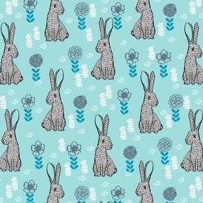 spring rabbit floral nursery fabric - sweet spring floral fabric, bunny rabbit fabric, cute animals fabric - blue floral
