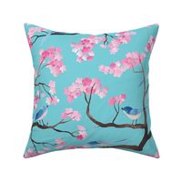 Cherry blossom birds turquoise aqua