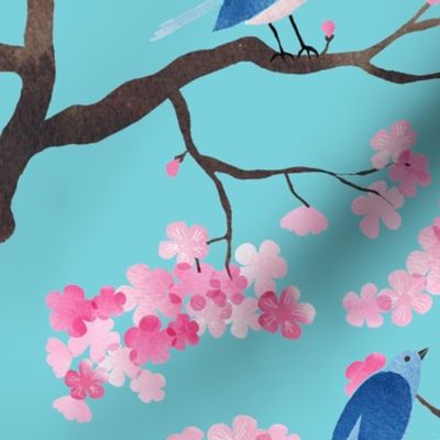 Cherry blossom birds turquoise aqua