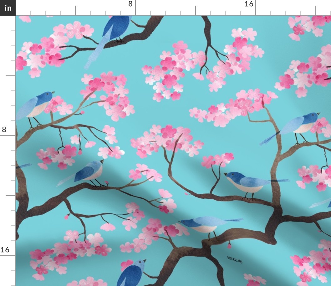 Cherry blossom birds turquoise aqua