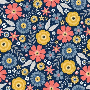 Floral Festival (Navy and Living Coral)