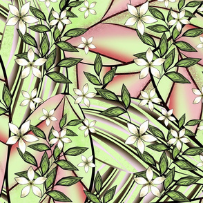 Colorful tropical pattern. White flowers on a green, pink background.