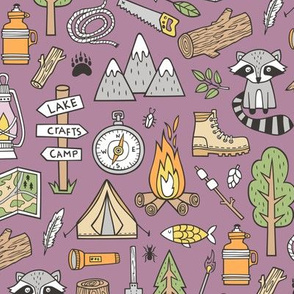 Outdoors Camping Woodland Doodle with Campfire, Raccoon, Mountains, Trees, Logs on Purple Mauve