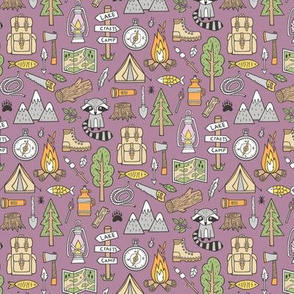 Outdoors Camping Woodland Doodle with Campfire, Raccoon, Mountains, Trees, Logs on Purple Mauve 1,5 inch