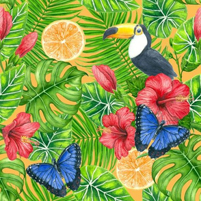 Toucan and tropical garden watercolor