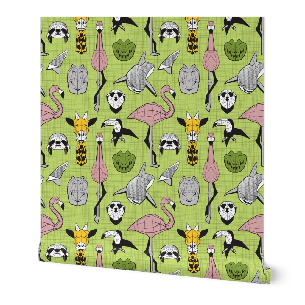 Small scale // Summery Geometric Animals // green linen texture background black and white grey green yellow and pink blush flamingos hippos giraffes sharks crocs sloths meerkats and toucans