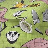 Small scale // Summery Geometric Animals // green linen texture background black and white grey green yellow and pink blush flamingos hippos giraffes sharks crocs sloths meerkats and toucans