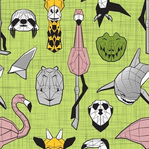 Small scale // Summery Geometric Animals // green linen texture background black and white grey green yellow and pink blush flamingos hippos giraffes sharks crocs sloths meerkats and toucans