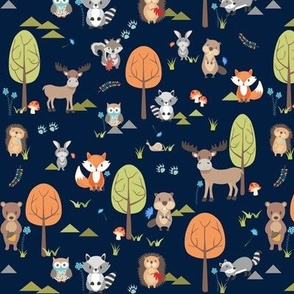 TINY Cute Woodland Animals on Navy