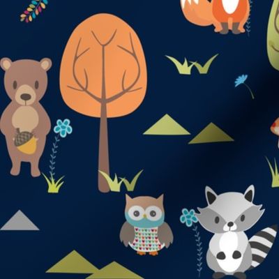 Cute Woodland Animals on Navy - LARGE Scale