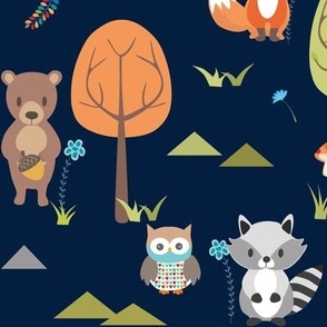 Cute Woodland Animals on Navy - LARGE Scale