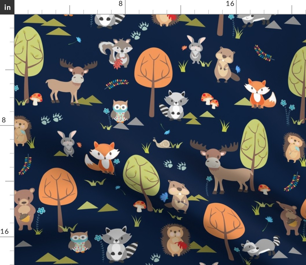 Cute Woodland Animals on Navy - LARGE Scale