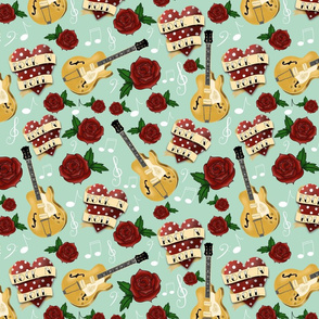 Rockabilly Tattoo Hearts, Roses and Guitars on Mint Green