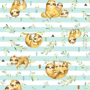 Sloths Hangin On, Soft Crystal Blue Stripe – Children's Bedding Baby Boy Nursery, SMALL Scale