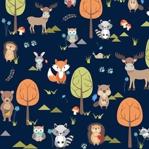 Cute Woodland Animals on Navy - SMALL Scale