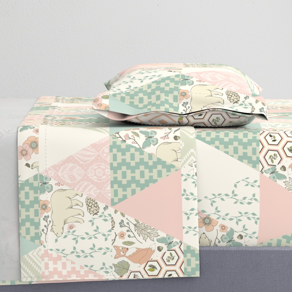 Autumn Pastel - Cream , Pink, Aqua, Mint, Blush - Wholecloth Triangle Quilt - Cheater Quilt