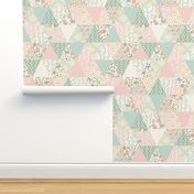 Autumn Pastel - Cream , Pink, Aqua, Mint, Blush - Wholecloth Triangle Quilt - Cheater Quilt