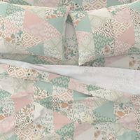 Autumn Pastel - Rotated - Cream , Pink, Aqua, Mint, Blush - Wholecloth Triangle Quilt - Cheater Quilt