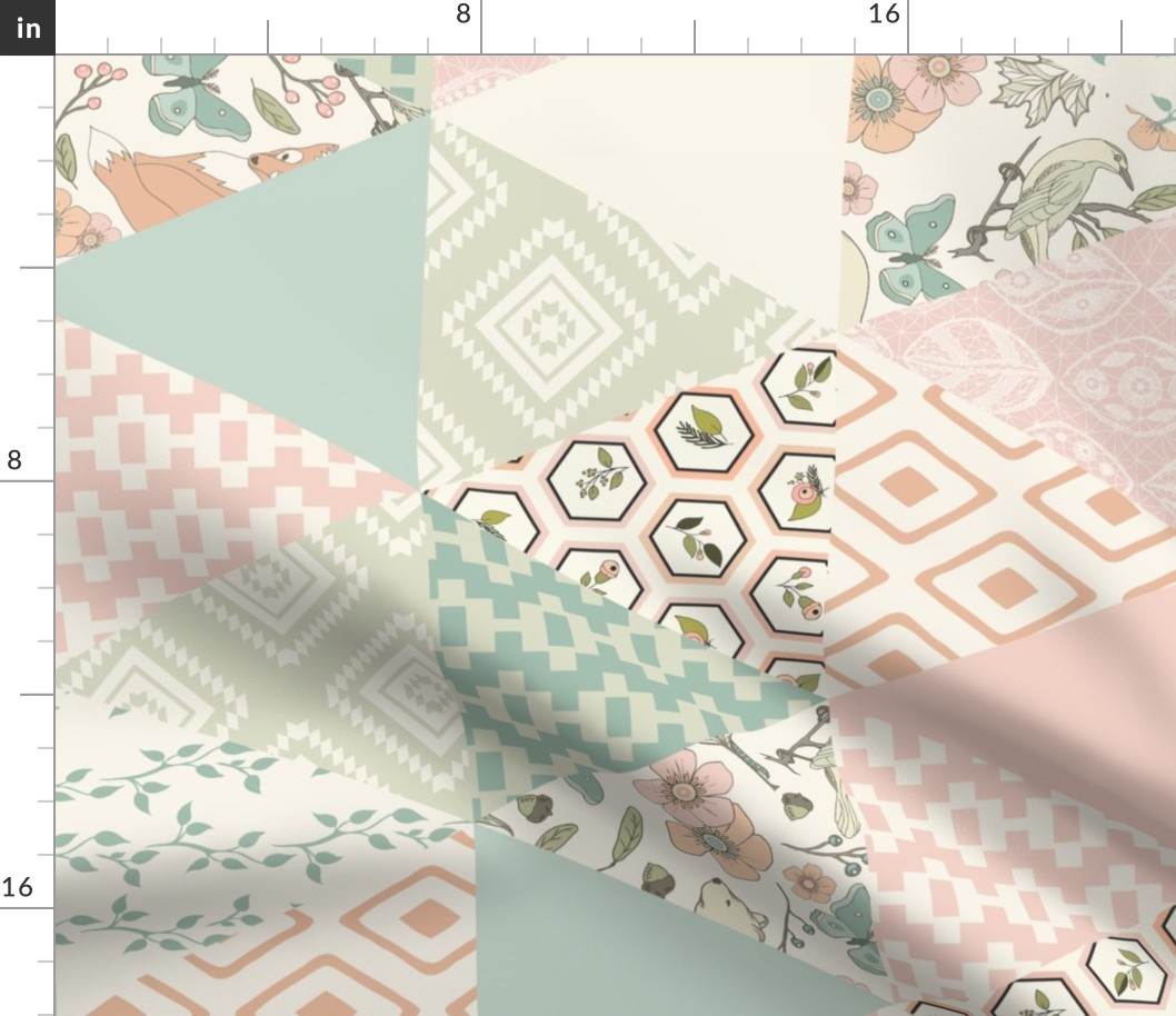 Autumn Pastel - Rotated - Cream , Pink, Aqua, Mint, Blush - Wholecloth Triangle Quilt - Cheater Quilt