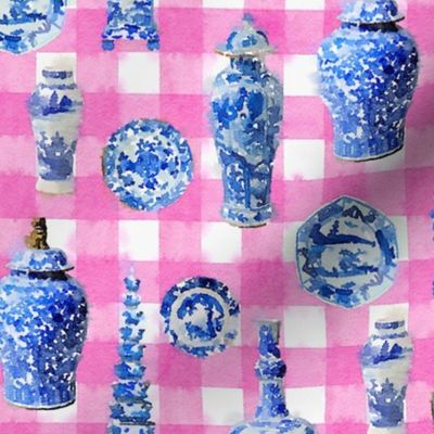Small Chinoiserie Ceramics on Pink Plaid