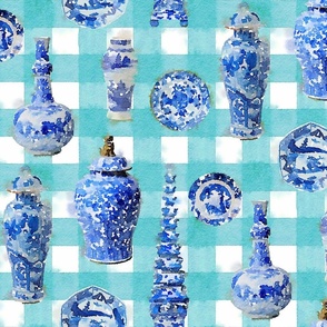 Large Chinoiserie Ceramics on Turquoise Buffalo Plaid