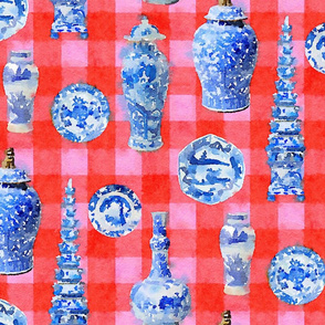 LARGE CHINOISERIE CERAMICS on VALENTINE PLAID