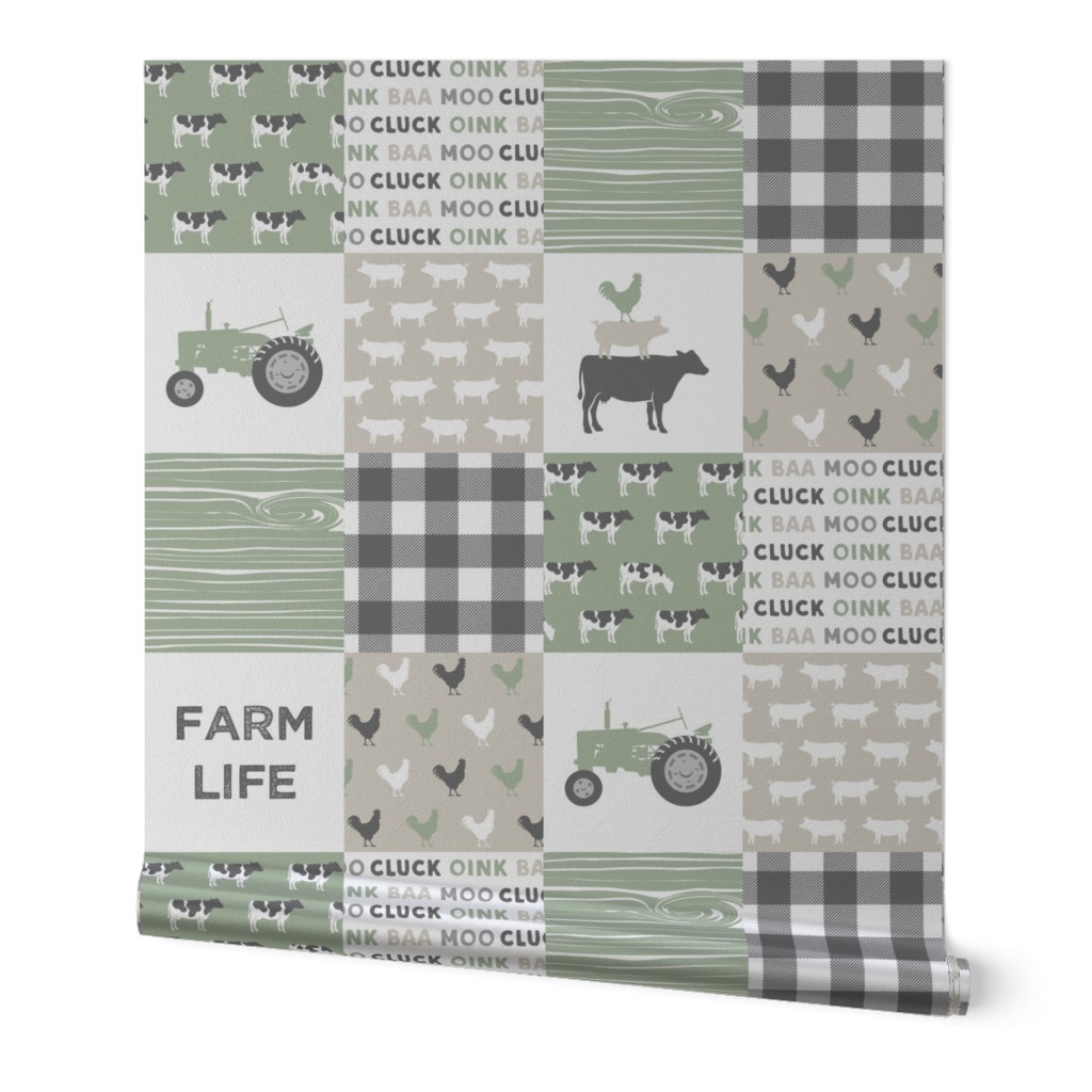 Farm Life Wholecloth - Farm themed patchwork fabric - cows, pigs, roosters - sage and tan LAD19