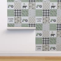 Farm Life Wholecloth - Farm themed patchwork fabric - cows, pigs, roosters - sage and tan LAD19