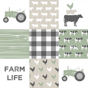 Farm Life Wholecloth - Farm themed patchwork fabric - cows, pigs, roosters - sage and tan LAD19