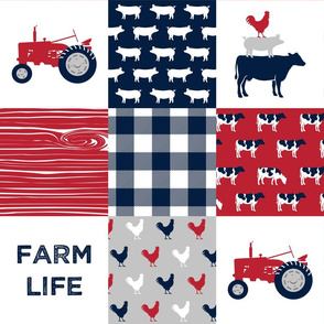 Farm Life Wholecloth - Farm themed patchwork fabric - cows, pigs, roosters - navy, red, and grey LAD19