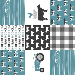 Farm Life Wholecloth - Farm themed patchwork fabric - cows, pigs, roosters - blue and grey LAD19 (90)