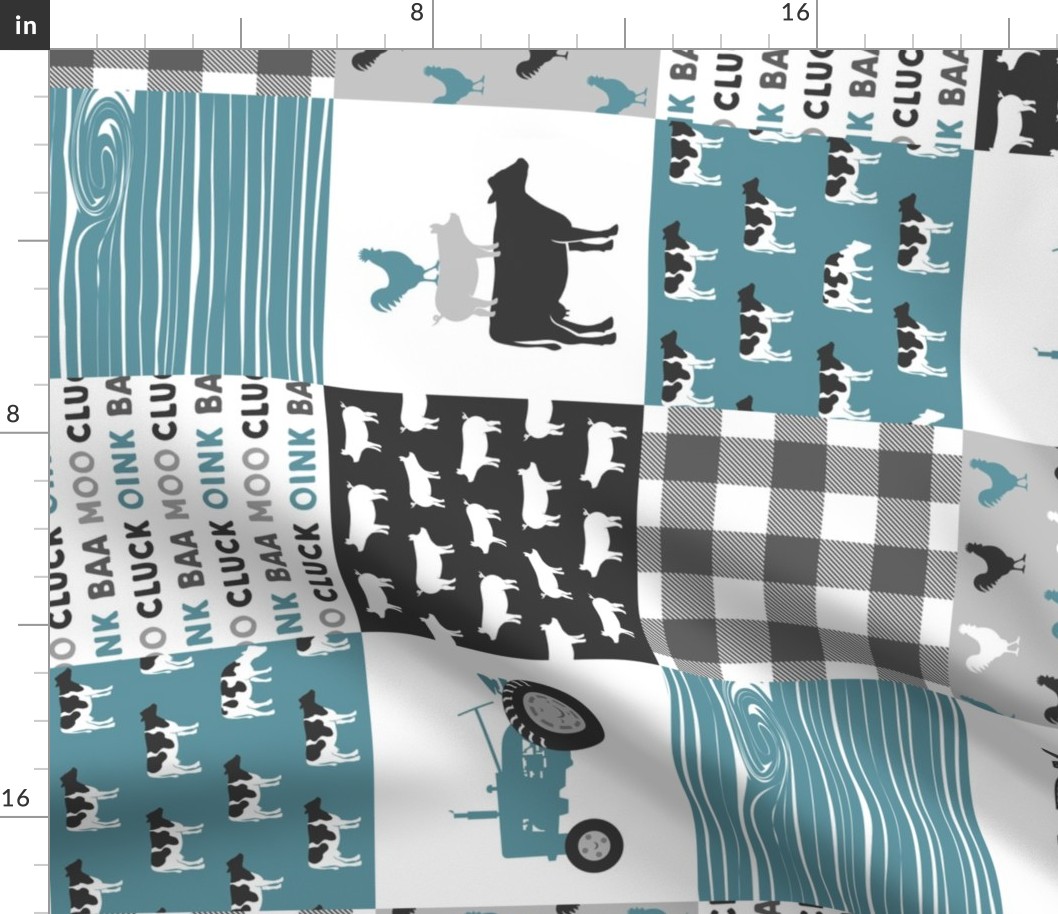 Farm Life Wholecloth - Farm themed patchwork fabric - cows, pigs, roosters - blue and grey LAD19 (90)