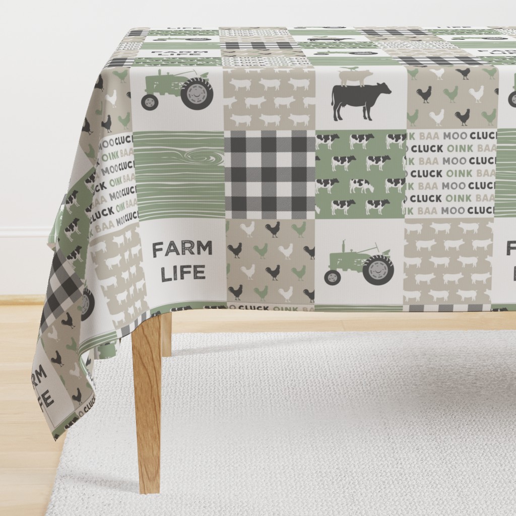 Farm Life Wholecloth - Farm themed patchwork fabric - cows, pigs, roosters - sage and tan LAD19 (90)