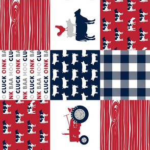 Farm Life Wholecloth - Farm themed patchwork fabric - cows, pigs, roosters - navy, red, and grey LAD19 (90)