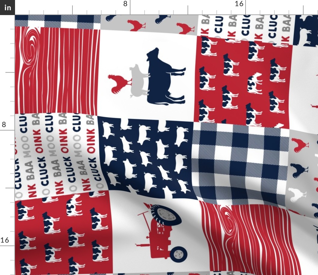 Farm Life Wholecloth - Farm themed patchwork fabric - cows, pigs, roosters - navy, red, and grey LAD19 (90)