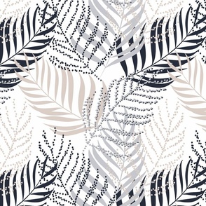 Gray, beige palm leaves on white background.
